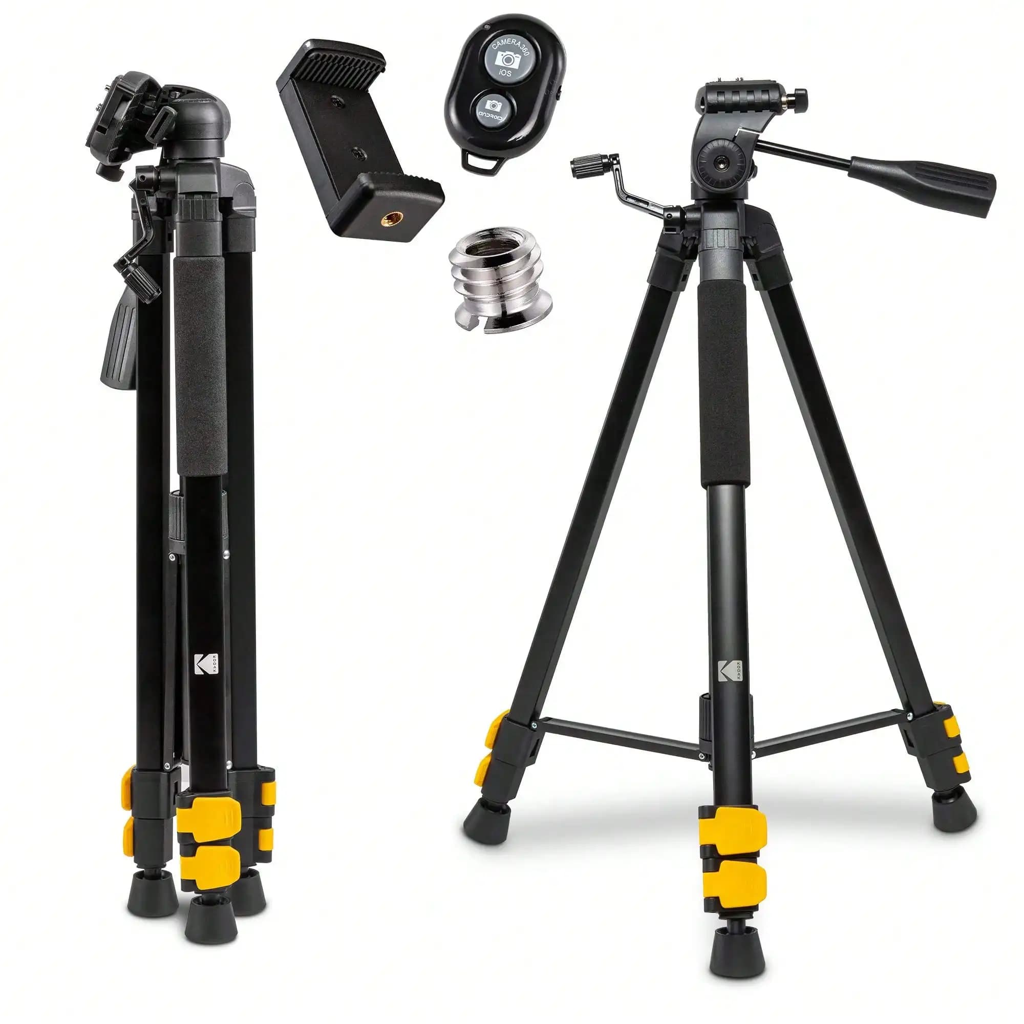 Treppiede Kodak PhotoGear da 62 pollici con telecomando, treppiede compatto in alluminio a 3 sezioni con blocco a scatto, regolabile da 22 a 62 pollici, piastra a sgancio rapido, adattatore per smartphone e vite da 1/4 a 3/8 di pollice, livella a bolla, custodia per il trasporto ed e-guida.
