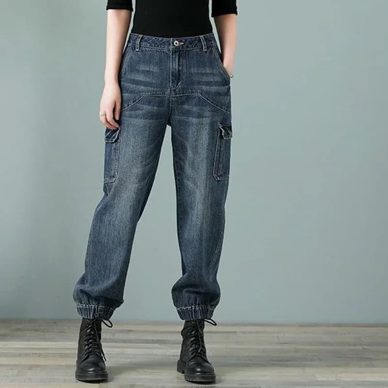 3XL Jeans cargo a vita alta da donna Tasche Pantaloni in denim a gamba larga Primavera Allentati Casual Plus Size Jeans fidanzato Pantaloni Harem C444
