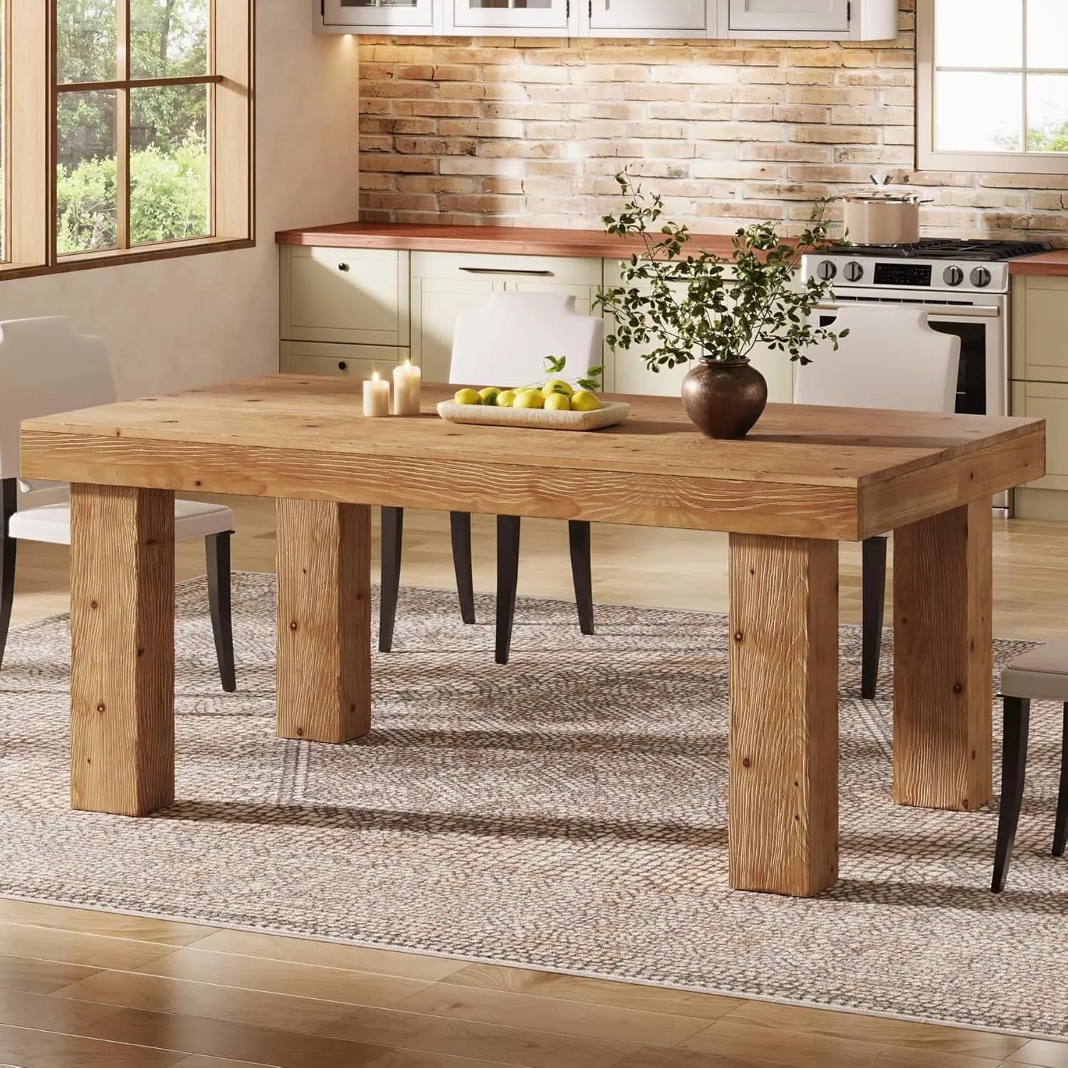 Solid Wood Dining Table for 4-6, 63-Inch Farmhouse Kitchen Table with Heavy Duty Legs, Wooden Rectangular Dinner Tables, Custom