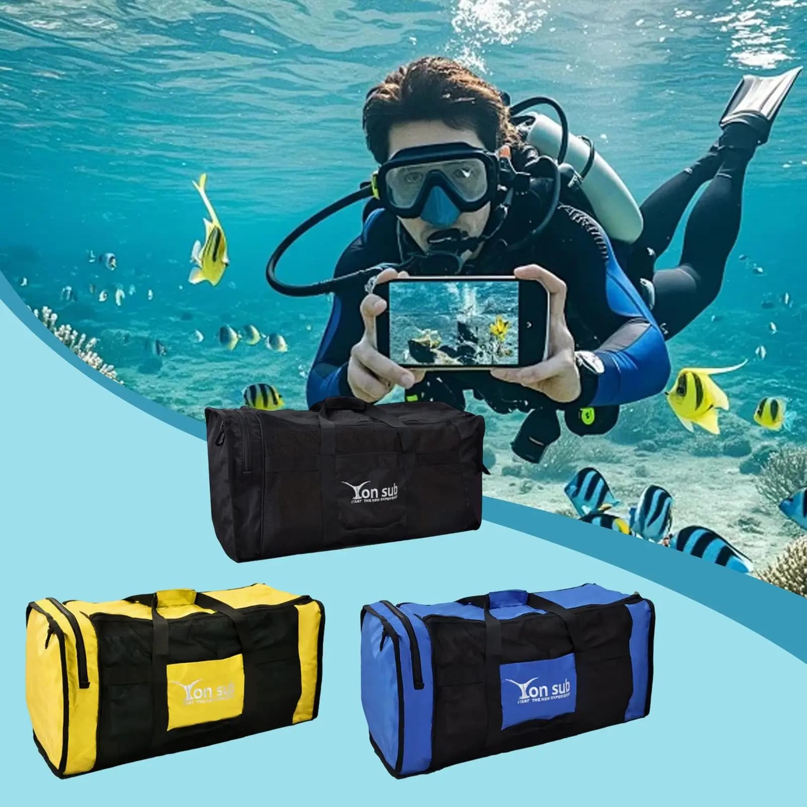 Underwater diving net bag in Nylon and waterproof polyester, Travel bag for Snorkeling and Surf