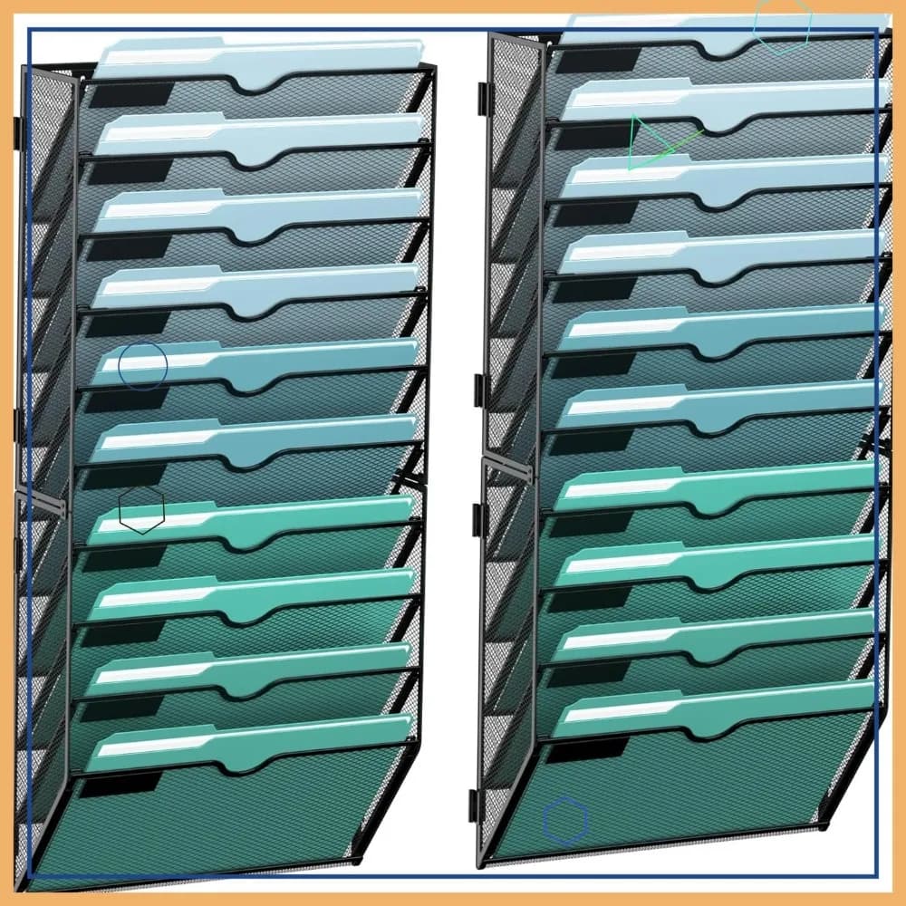 Organizzatore da parete a 10 livelli, appendibile, per documenti, cartelle, riviste, con portablocco, nero, confezione da 2