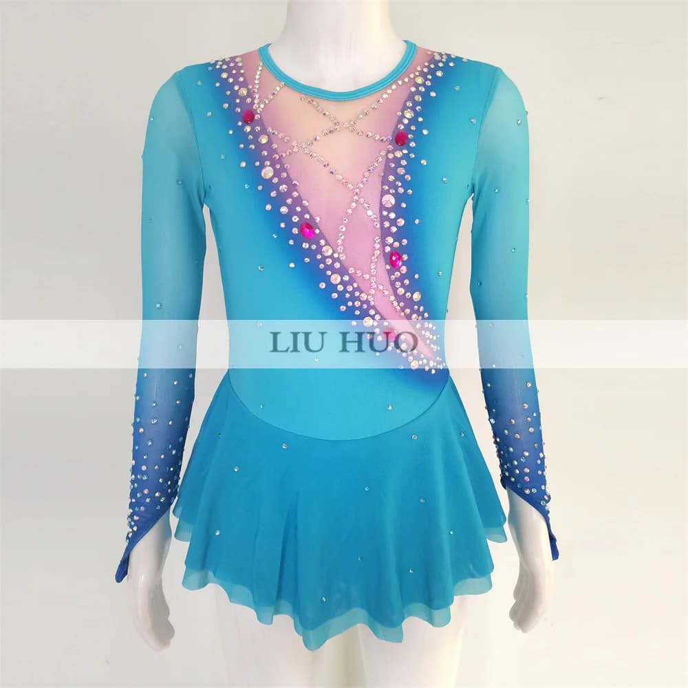 LIUHUO Abito per Pattinaggio Artistico su Ghiaccio, Costume Personalizzato per Donne, Ragazze e Adolescenti, Leotard Blu per Esibizioni e Competizioni BD1835