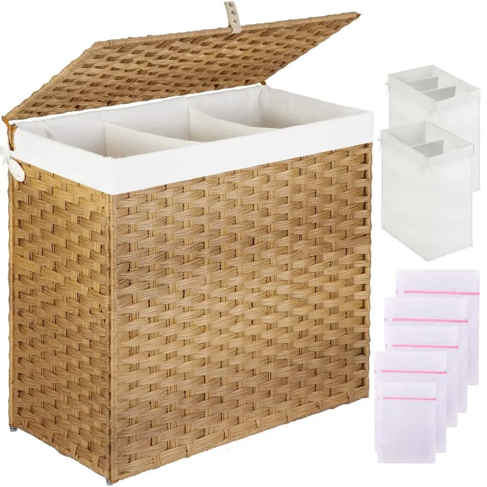 Cesto portabiancheria con coperchio, cesto portabiancheria grande da 125 litri con 3 scomparti e 2 scomparti con sacchi rimovibili e 5 sacchi in rete per il bucato, H