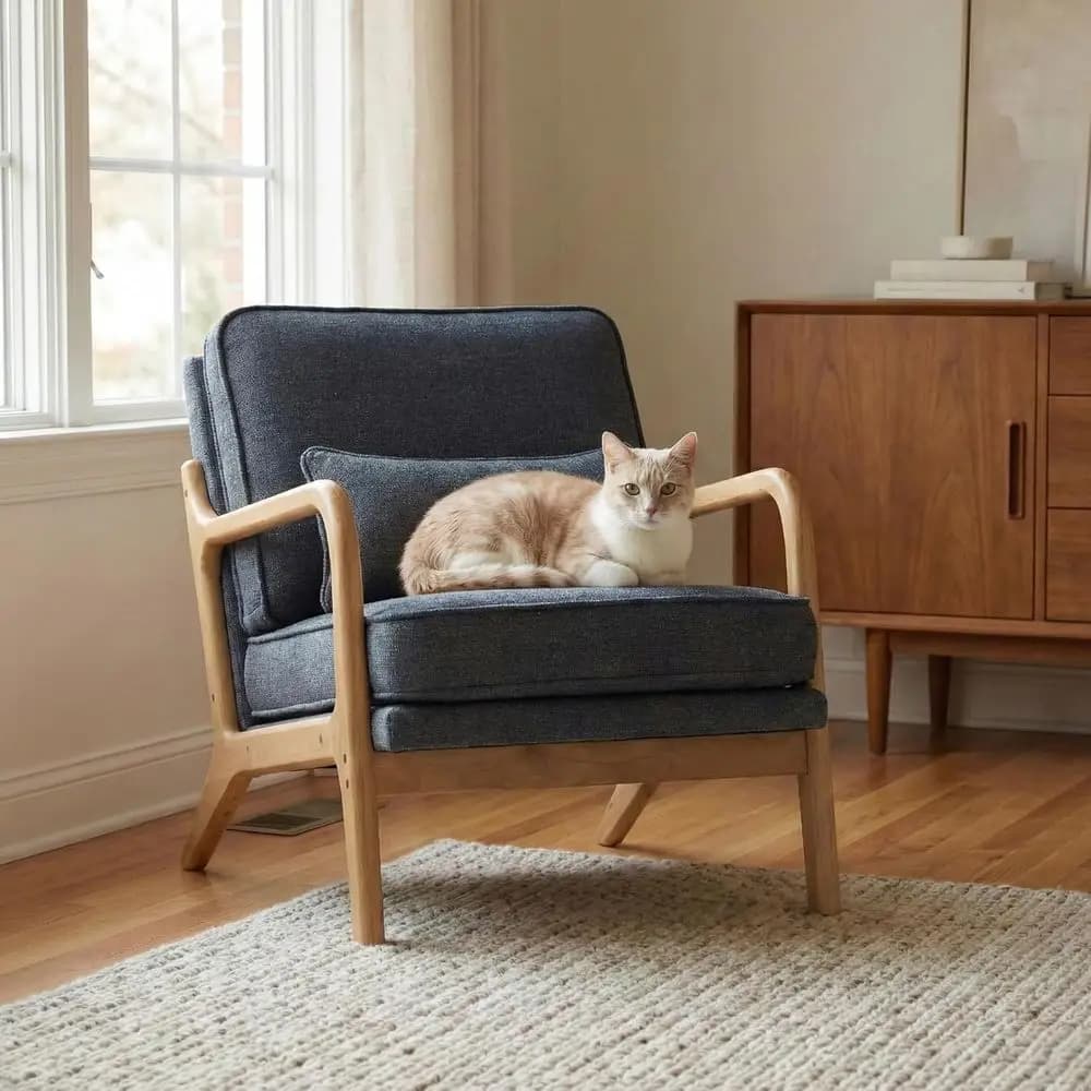 Upholstered Wooden Armchair with Lumbar Pillow & Removable Seat Cushion, Perfect for Reading or Living Spaces in Beige, Blue, Gr