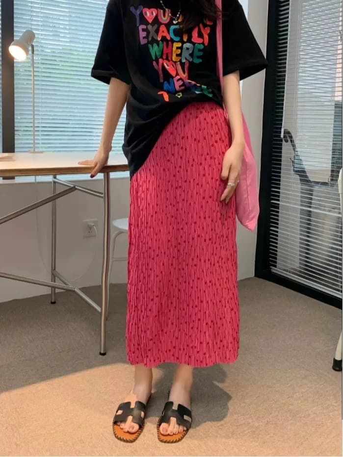 High Waist A-Line Midi Skirt Korean Style Polka Dot Pleated Slimming Concealing Straight Cut Skirt for plus Size Women