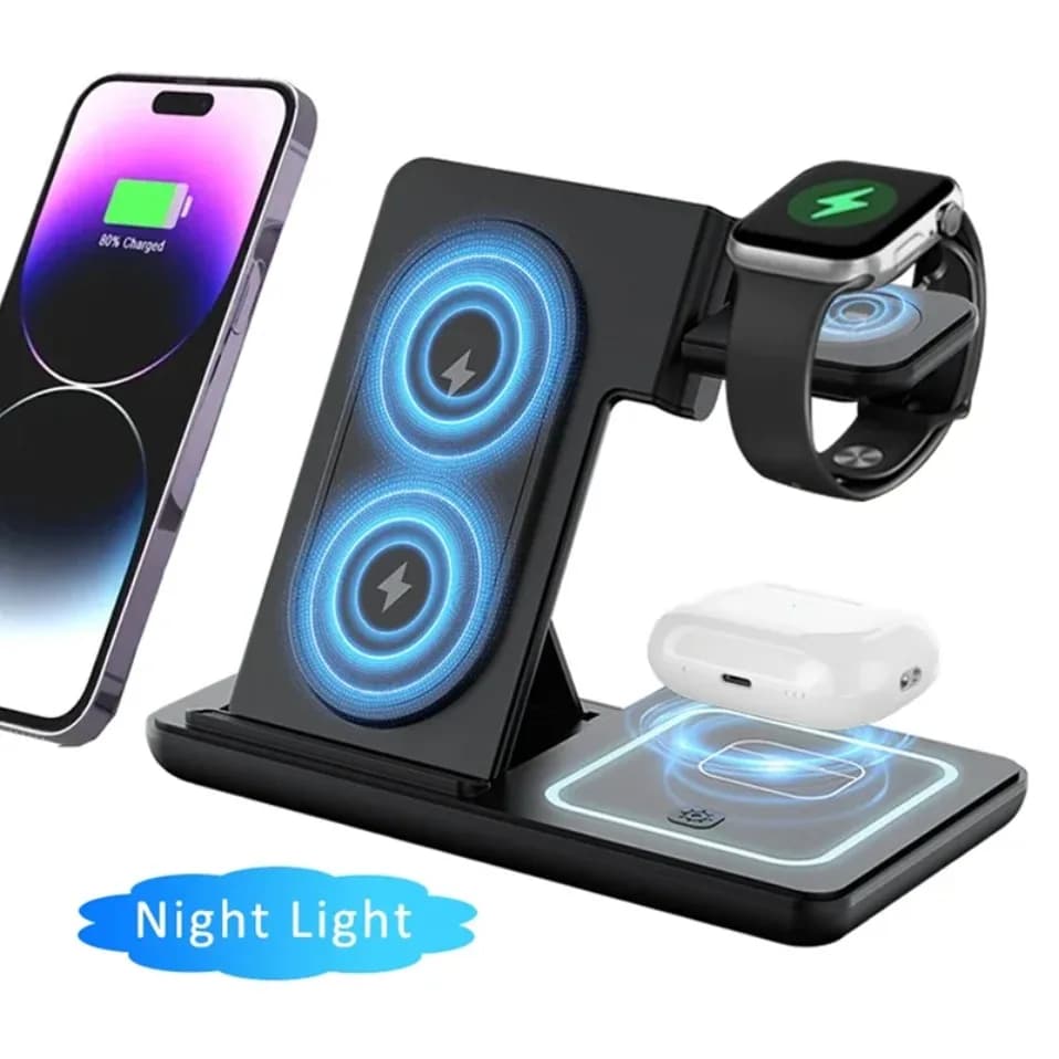 Luce LED notturna 3 in 1, caricatore wireless pieghevole per iPhone, Samsung, Apple Watch 2-11 SE, Airpods Pro, stazione di ricarica rapida