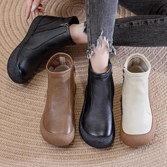 Warm Fce Lined ort Boots Wool Flat Bot Soft Bot Anti-Slip Vintage Top Layer Cowhide Leather for Middle-Aged Women