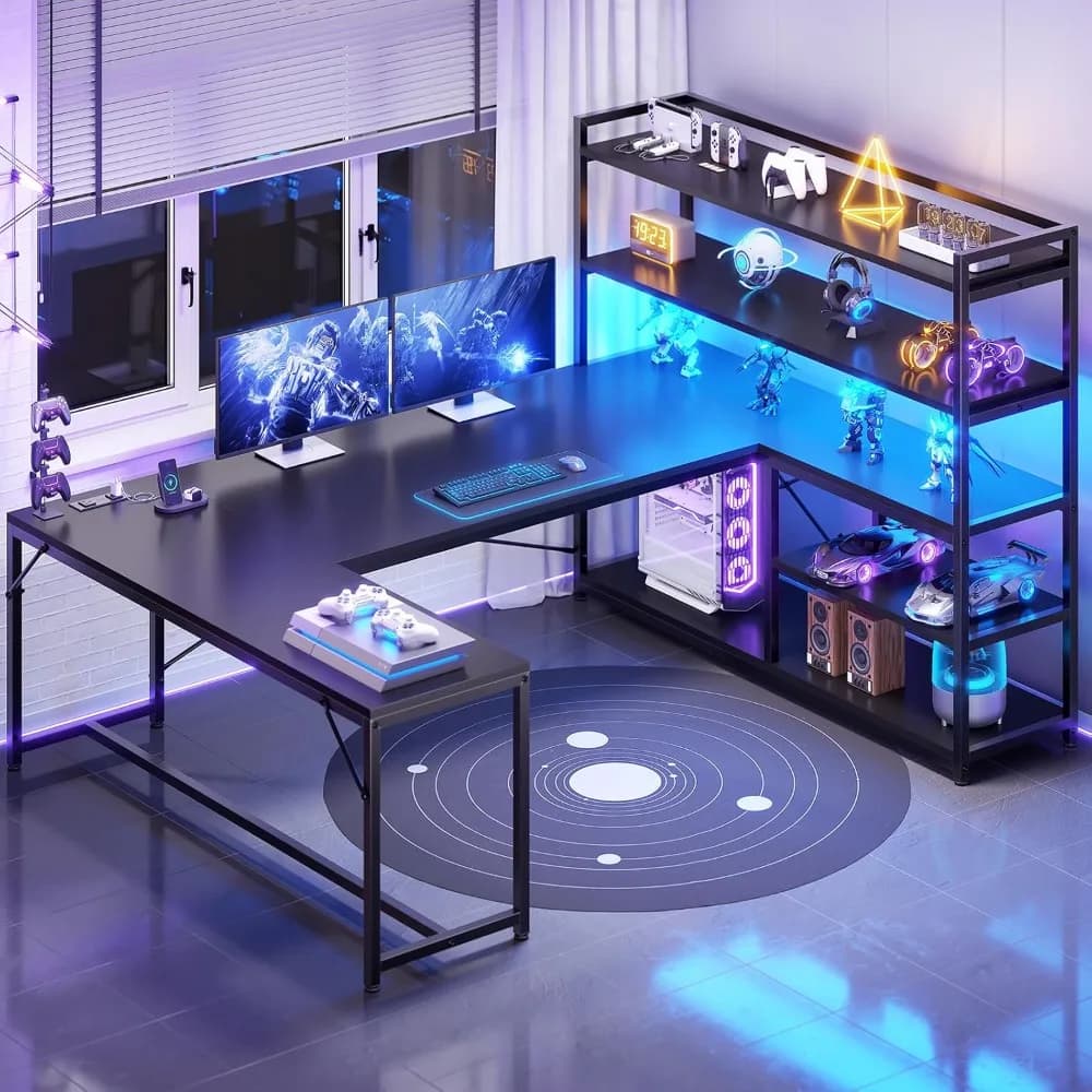 Tavolo da gioco a L, scrivania per computer reversibile da 63 pollici con presa di corrente e rack di stoccaggio, tavolo da gioco angolare con LED Li