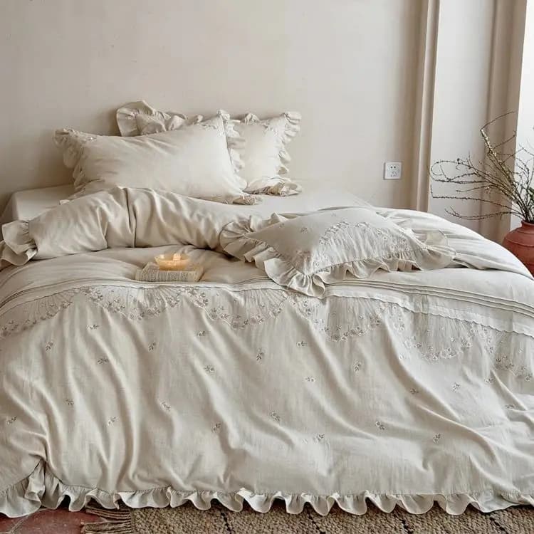 Luxury Bed Linen Set with Floral and Volant Embroidery, 10% Linen 90% Mixed Cotton, Set Cover, Sheet Flat/With Corners, Loyalty, 4 Pieces