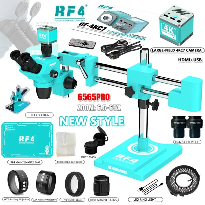 Microscopio Stereo Trioculare RF4 Zoom 360 ° Supporto a Doppio Cantilever per Telecamera USB HDMI 2K 4K 6.5-65X per Riparazione PCB RF-6565PRO3