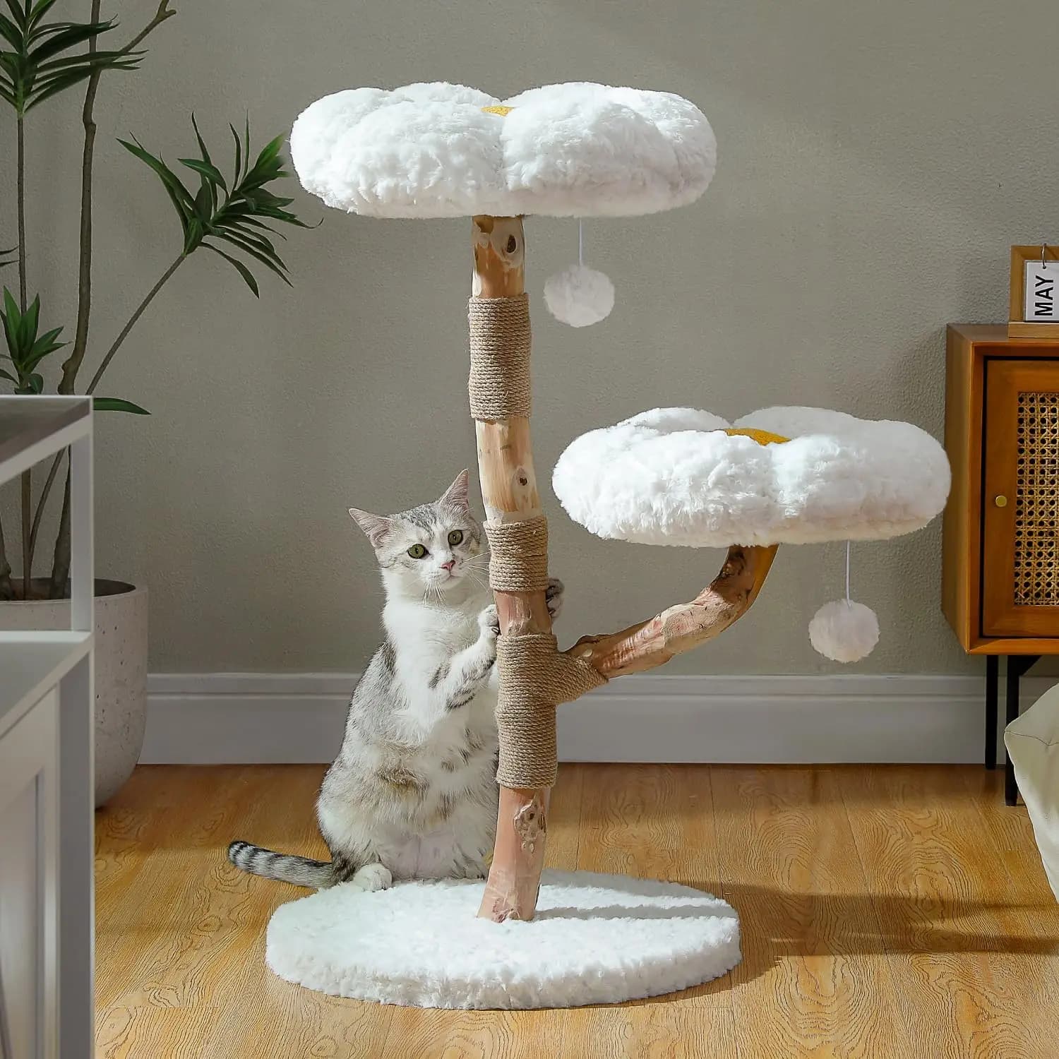 Albero per Gatti Moderno in Legno con Rami Veri, Arredamento Boho di Lusso con Tiragraffi e 2 Posatoi per Gatti da Interno, Bianco Nuvola