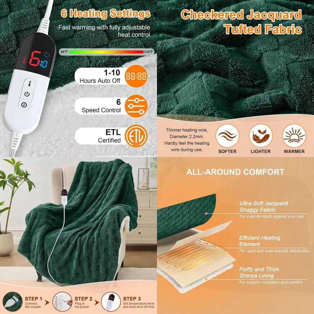 Coperta Elettrica Riscaldata Queen Size con Doppi Controlli, 84x90, 6 Livelli di Calore, Spegnimento Automatico 10 Ore, Protezione da Surriscaldamento, Verde Scuro