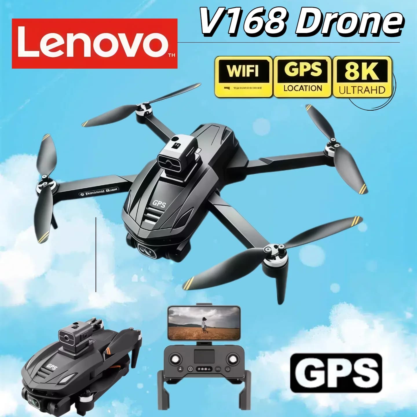 Drone GPS Lenovo Mjia V168 con Doppia Fotocamera HD 4K/8K, Motore Brushless, WIFI 5G FPV, Quadricottero RC Pieghevole