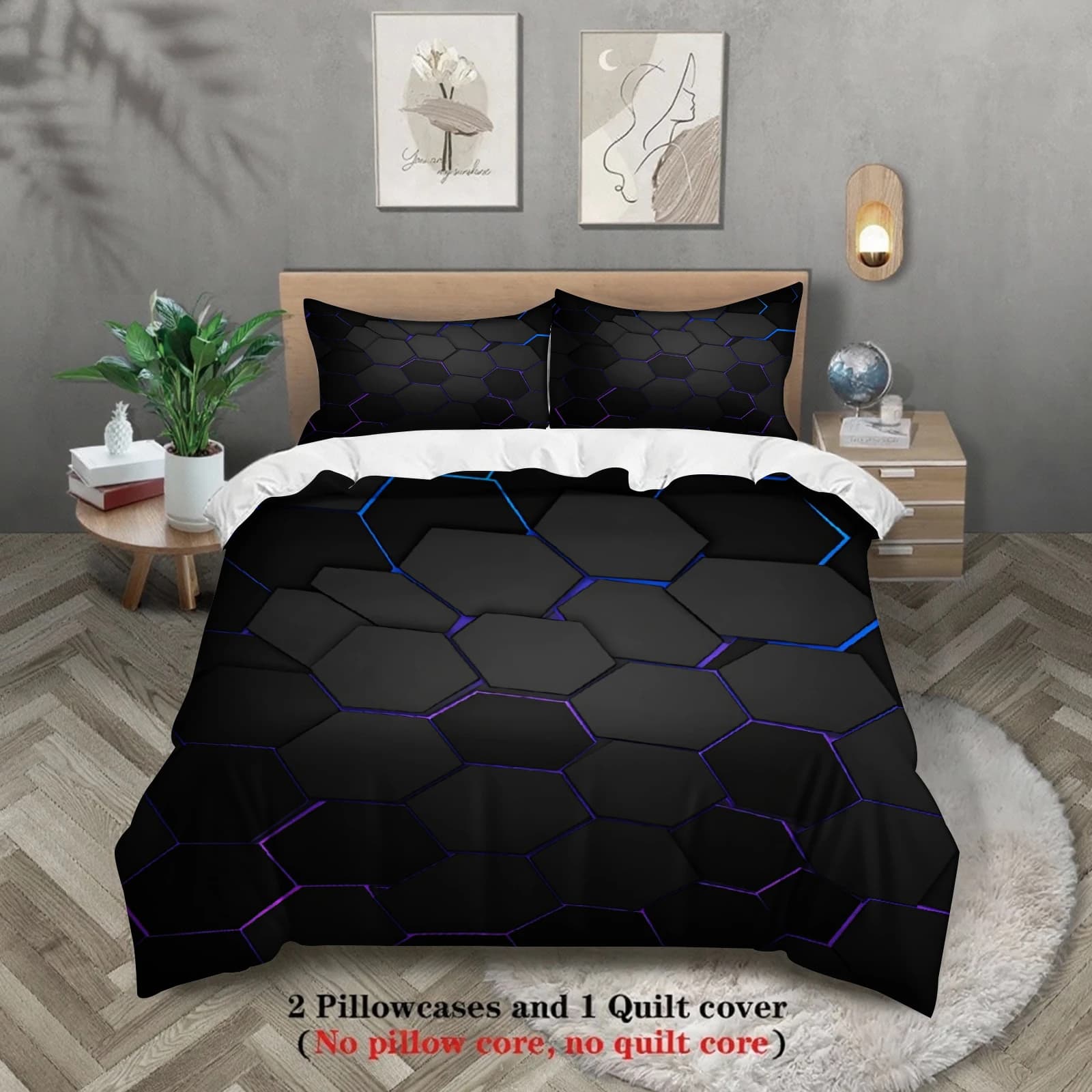 3pcs Geometric Hexagon Bedding Sets 3D Printed Black And Blue Pattern Duvet Cover Sets With Pillowcases No Filling Cool Visual