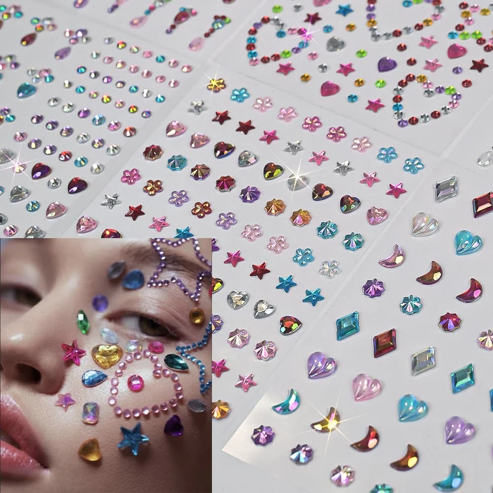1Pcs Colors Laser Heart Diamond Face Stickers Pink Love Stars Multi Shape Rhinestones for Makeup Face Diamonds Adhesive Stickers