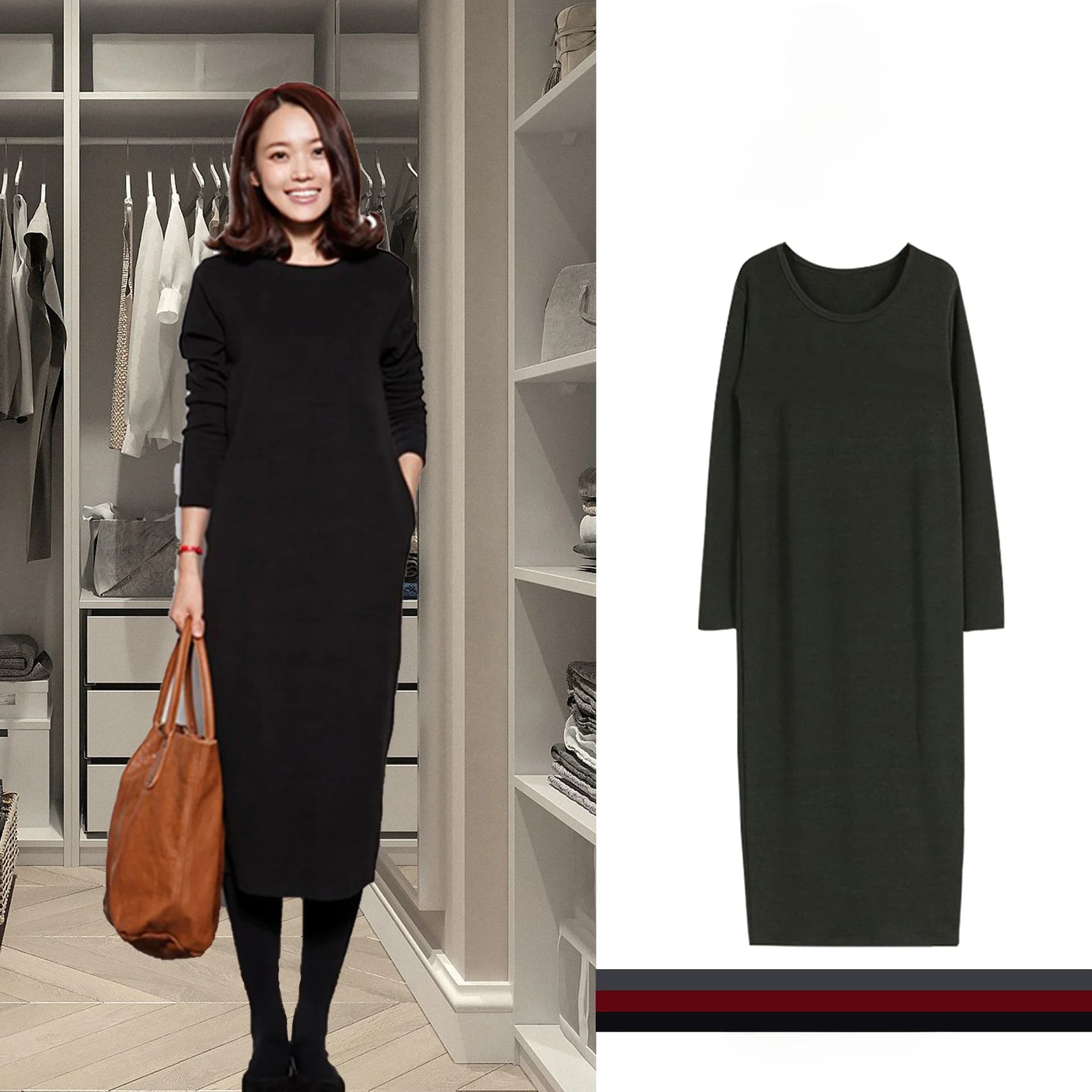 Abito lungo in maglia foderato in pile da donna, vestito maxi ampio nero invernale con gonna a balze e tasche, stile coreano, in poliestere