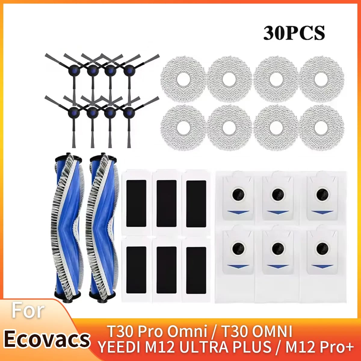 Rullo Principale per Ecovacs T30 Pro Omni / T30 OMNI, YEEDI M12 ULTRA PLUS / M12 Pro+ Parti di Ricambio Spazzola Laterale Filtro Sacchetto Polvere Panno per Mocio