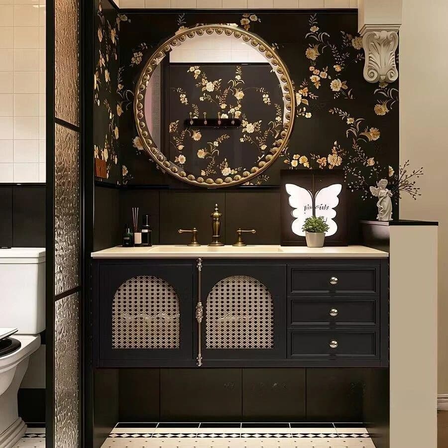 French Retro Rattan Bathroom Cabinet Oak Washbasin Mirror Cabinet Combination Rock Slab American Washbasin Washbasin