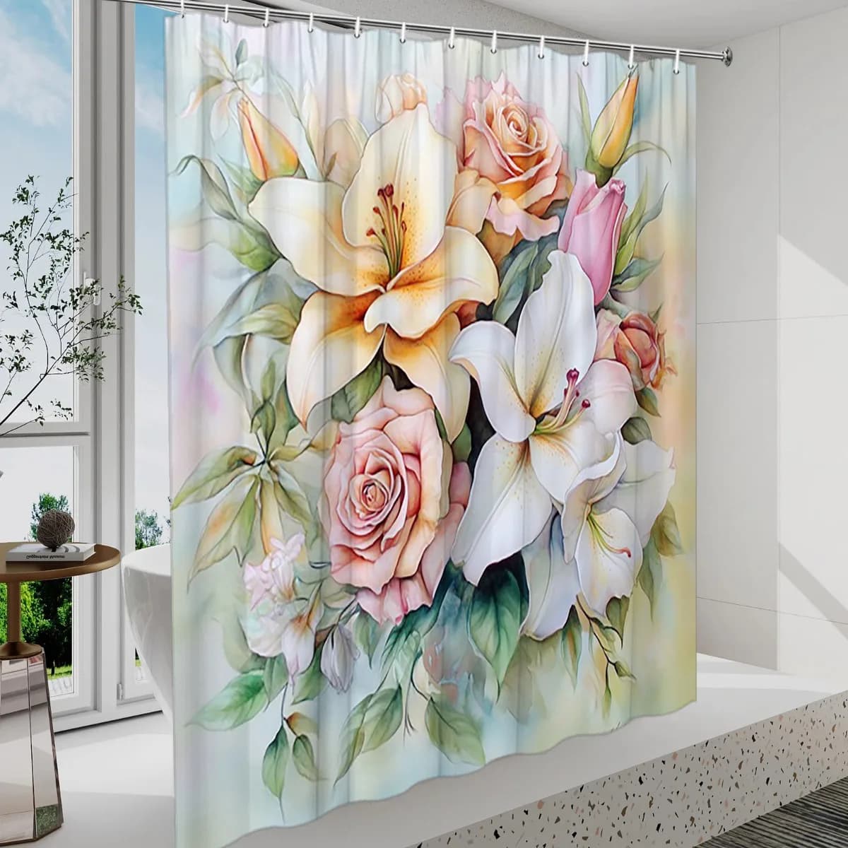 "1 tenda da doccia con bouquet floreale lussureggiante - gigli gialli, rose bianche, petali rosa, sfondo pastello, poliestere