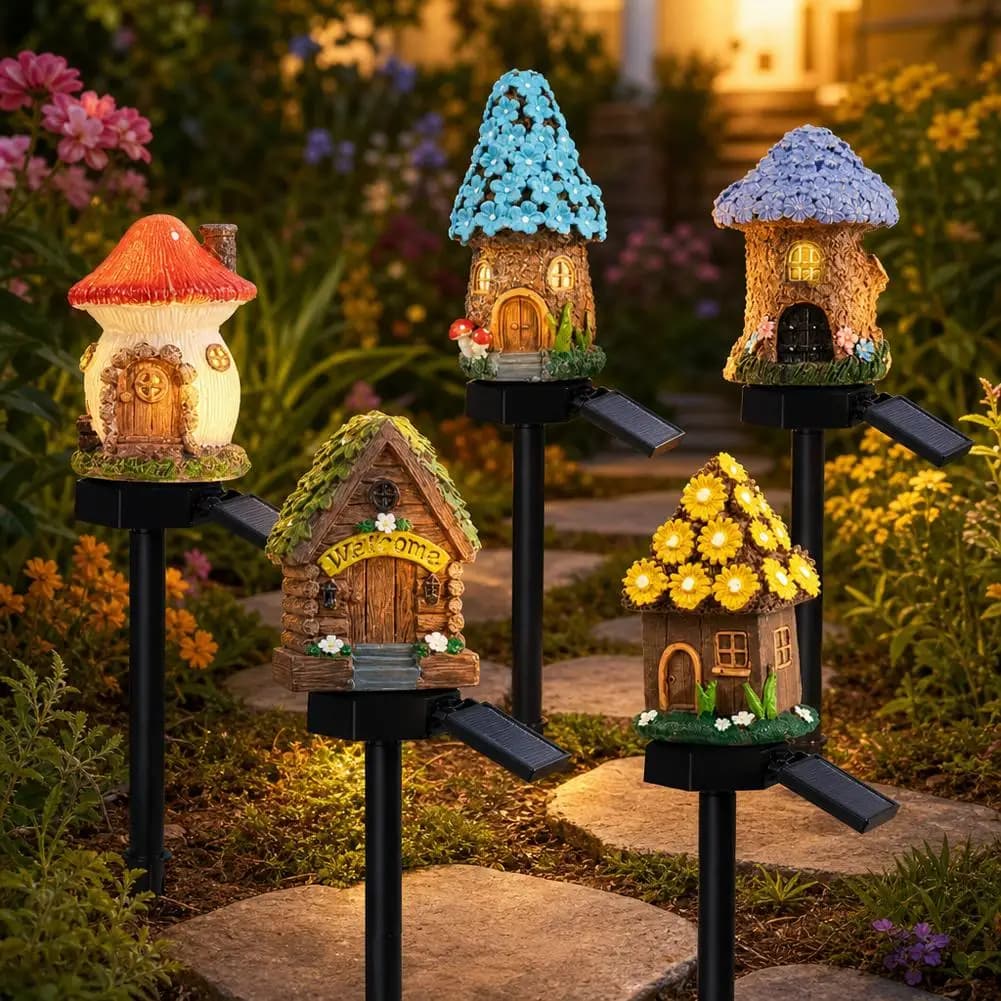 LED Solar Lawn Light Multi Craft Miniature Fairy House Solar Powered Outdoor Decor LED Garden Light Resin Cottage Christmas Lamp