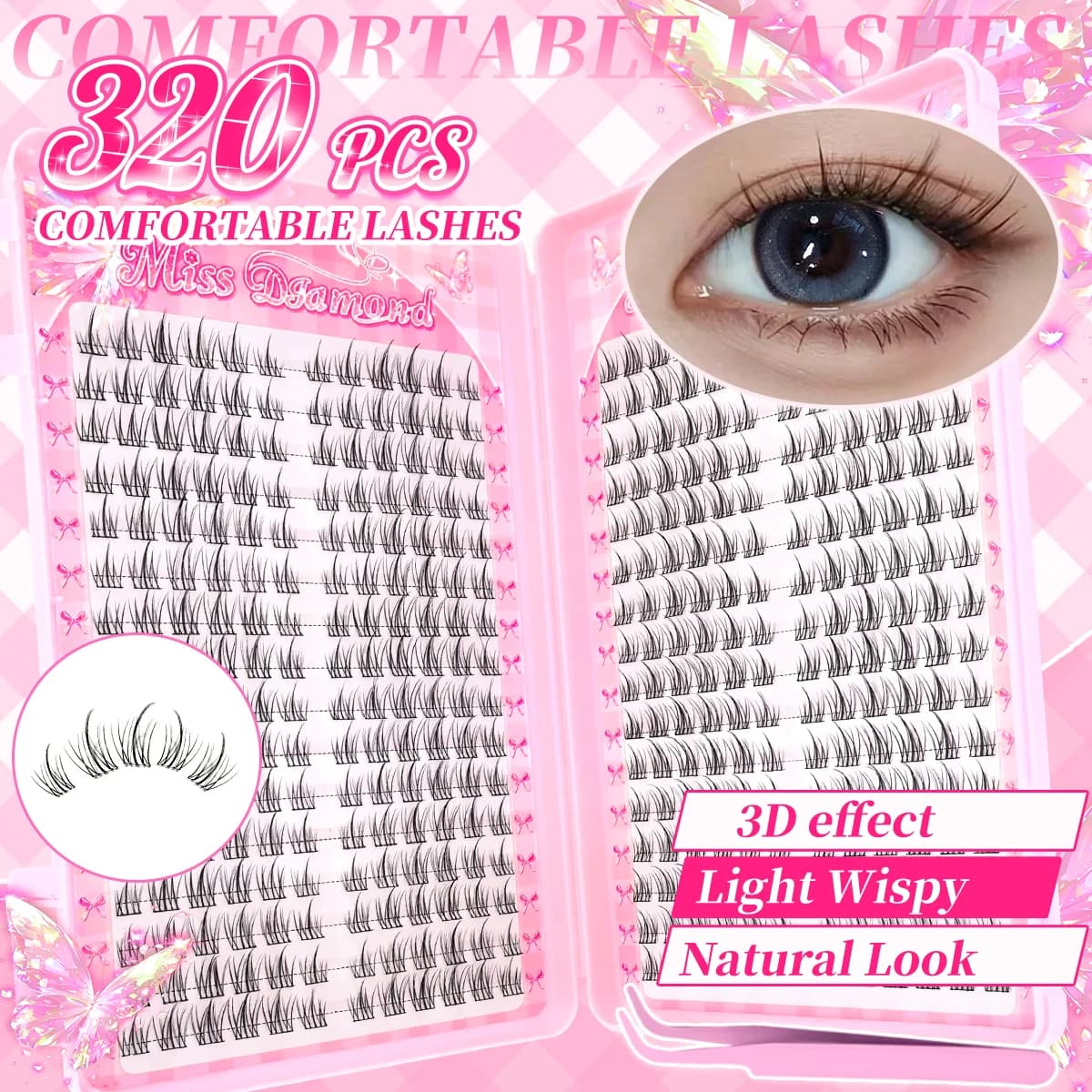Natural Fake Eyelashes 320 Cluster, Sunflower Style C-Curl, Reusable for Beginners