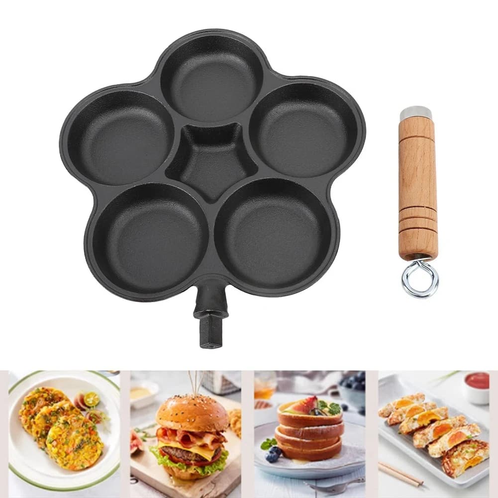 ABKU-Pentola in cast iron, uncoated breakfast pan, non-stick omelet pan, five-hole burger mold, egg pan and dumpling