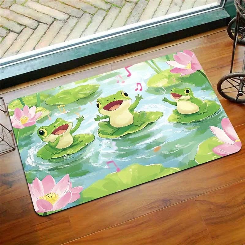 1Pc/8Mm Cartoon Frog Singing on a Lotus Leaf, Gaming Room Mat, Bathroom Rug, Kitchen Mat, Living Room Carpet, Bedroom Rug, Indoor Doormat, Machine Washable, Entrance Door Mat, Decorative Carpet, Indoor Carpet, Kitchen Flooring