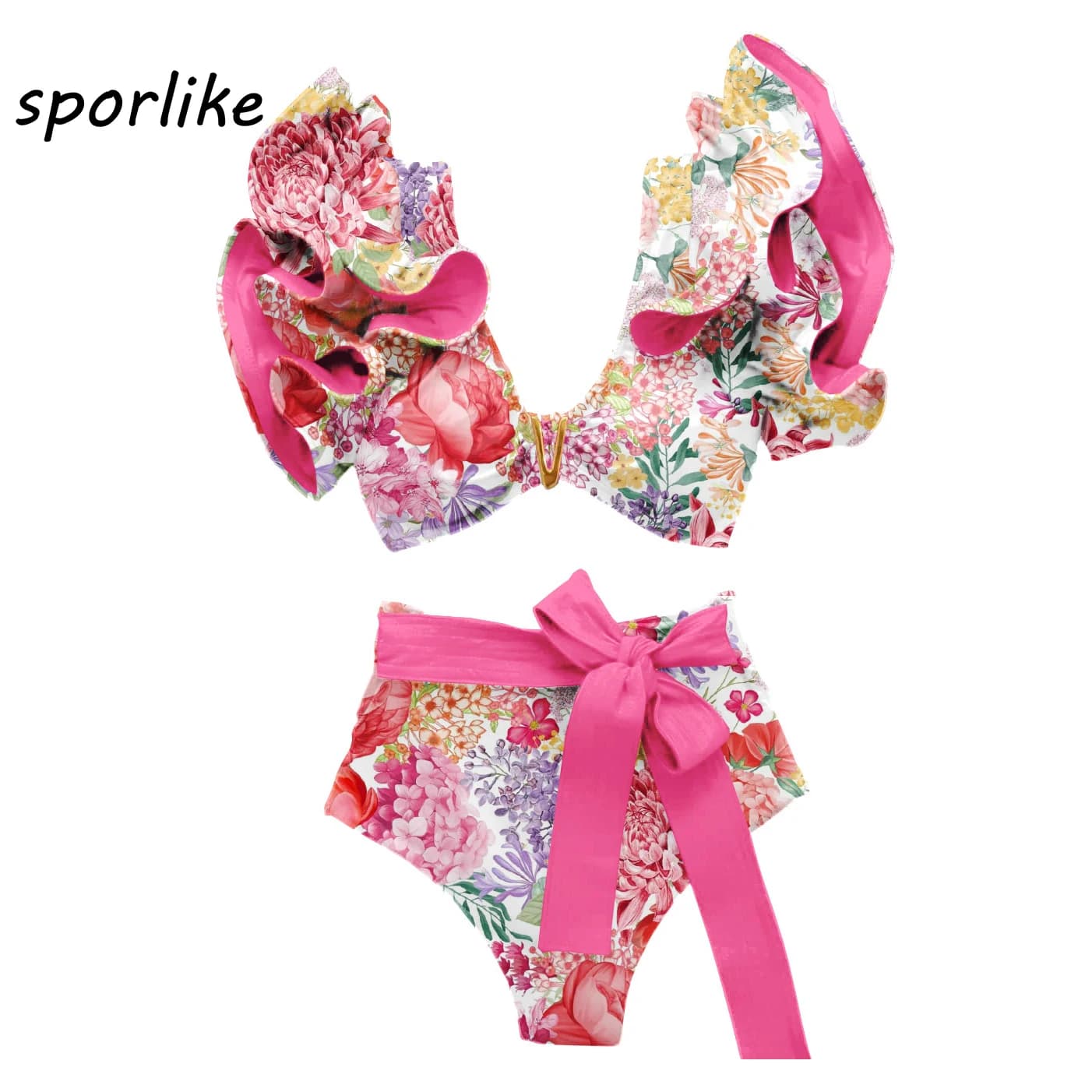 Sporlike Set bikini a vita alta con scollo a V Spalla con volant Costume da bagno stampato sexy Due pezzi Costumi da bagno Donna 2025 Costumi da bagno