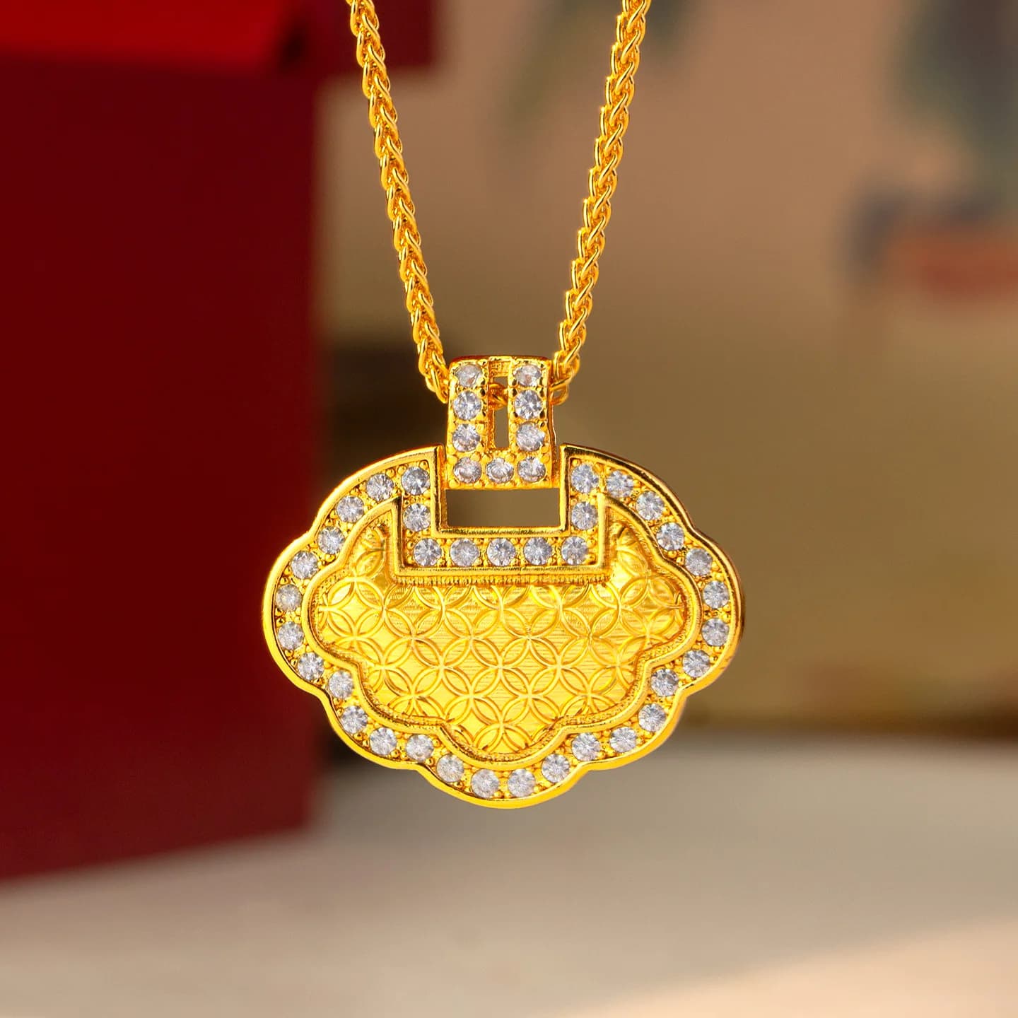Collana da Donna in Oro 24K 9999 Stile Gold Shop, Ciondolo a Lucchetto Lunga Vita, Nuova Moda, Regalo di Compleanno, Bellissimo Gioiello