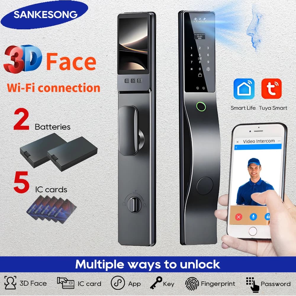 SANKESONG Serratura Intelligente Tuya con Riconoscimento Facciale 3D, Telecamera di Sicurezza, Monitoraggio, Impronta Digitale, Password, Biometrica, Doppia Batteria