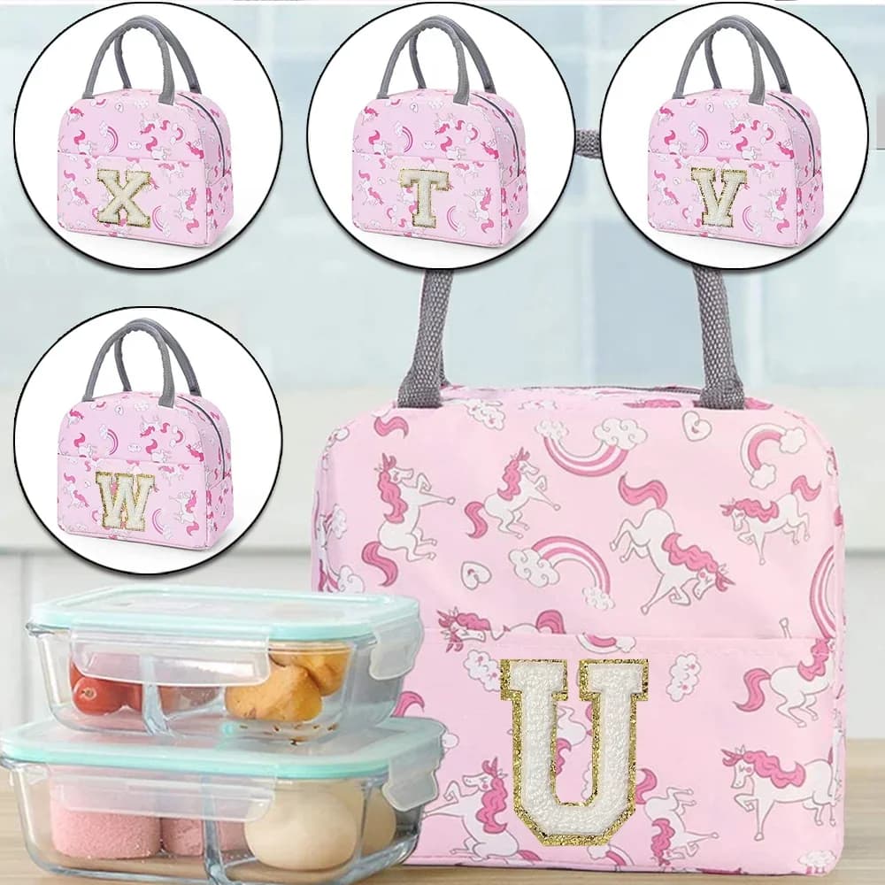 Borsa per il pranzo isolante Simpatico ricamo unicorno per ragazze Adesivi per bambini Scatola per il pranzo Picnic Scatola per la cena sicura per microonde portatile da donna