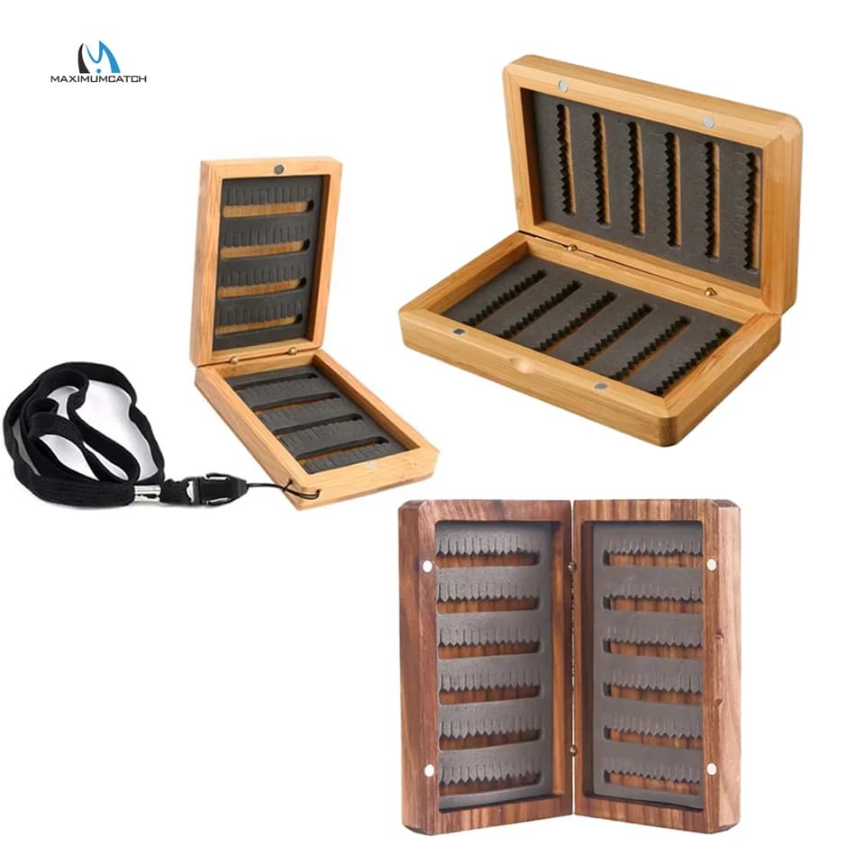MAXIMUMCATCH Natural Wooden Fly Box Adjustable Slit Foam Flies Hook Organizer Artisan Bamboo Fly Fishing Box