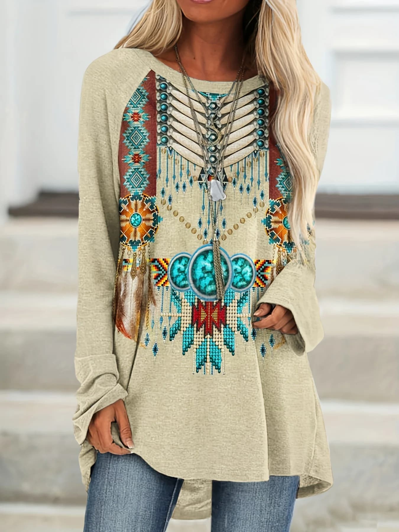 Vintage Print Long Sleeve V-Neck Button-Front Blouse Women's Classic Style Casual Blouse