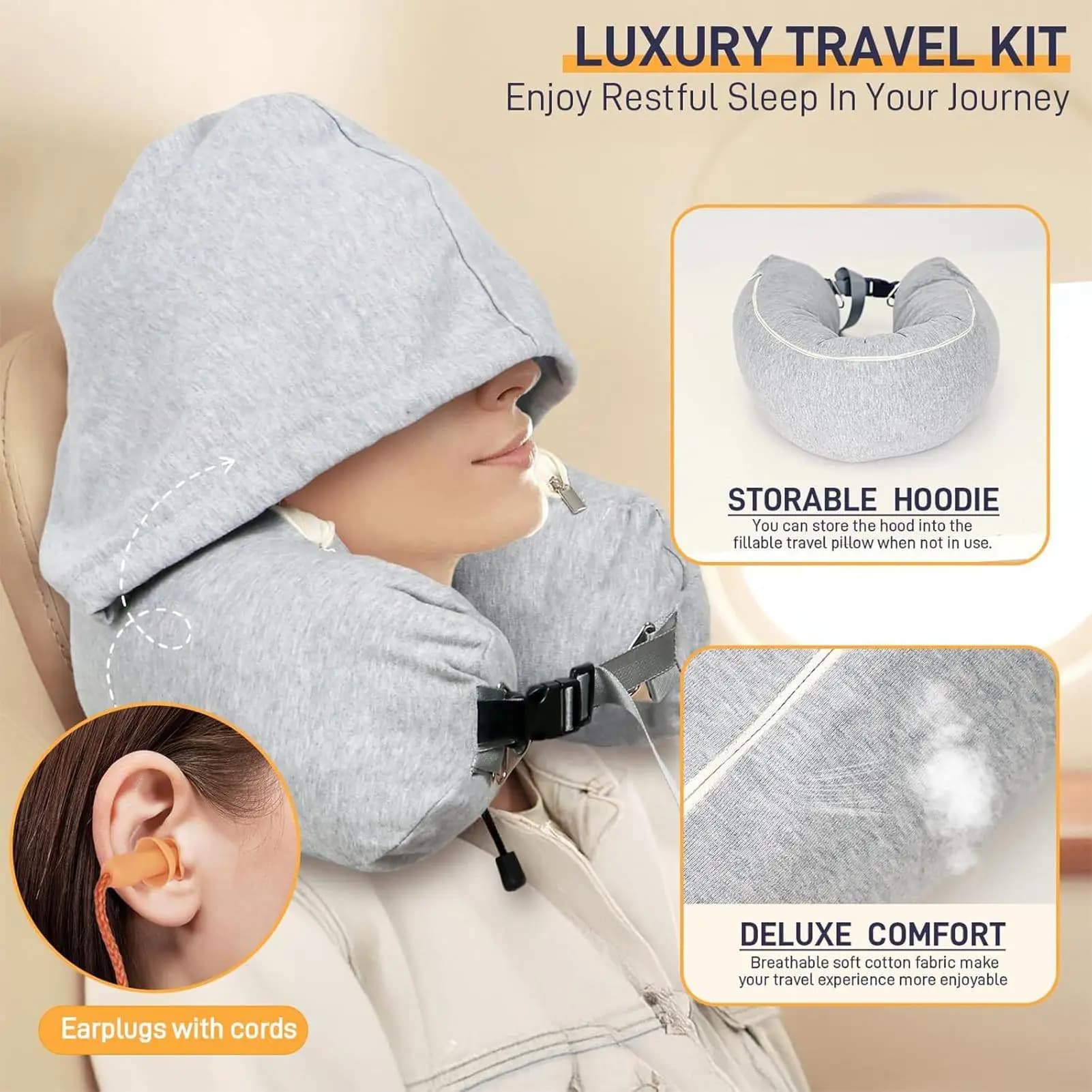 Pillow for neck Padded travel neck cushion for airplane with hood Reusable storage bag for home, car, airplane, hotel, camping