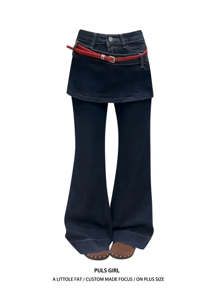 Jeans a gamba larga da donna stile americano vintage lavato, taglie forti, con gonna a pantalone effetto due pezzi e micro flare