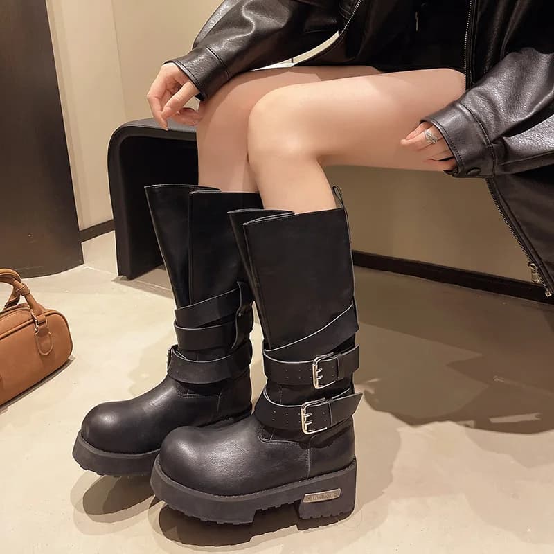 High ankle boots with square heel with belt buckle Retro Woman Summer Auturmn Large Tube Increased Height Punching boots in half calf