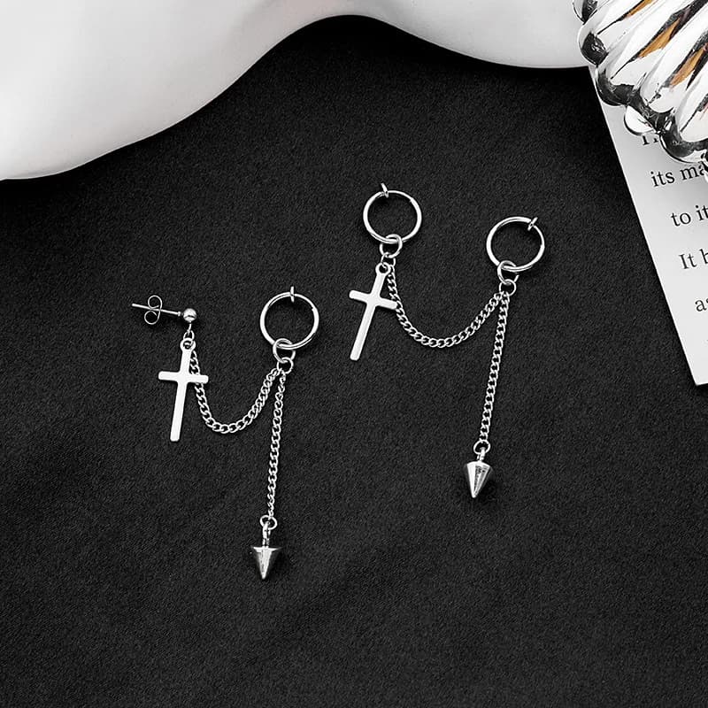 Single pack, stainless steel medical steel cross, pointed cone chain, fringed integrated earbone clip, hip-hop stud earrings, unisex, versatile for daily gatherings, holiday gifts