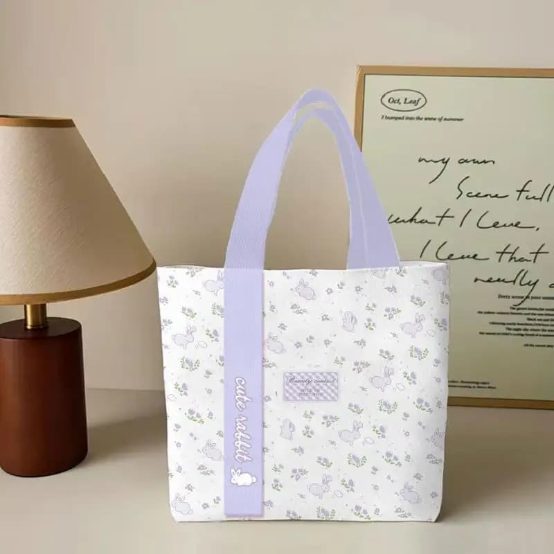 Rabbit Cartoon Floral Print Canvas Tote Bag Large Capacity Reusable Lightweight Shoulder Tote for Office Lunch Weekend Trip