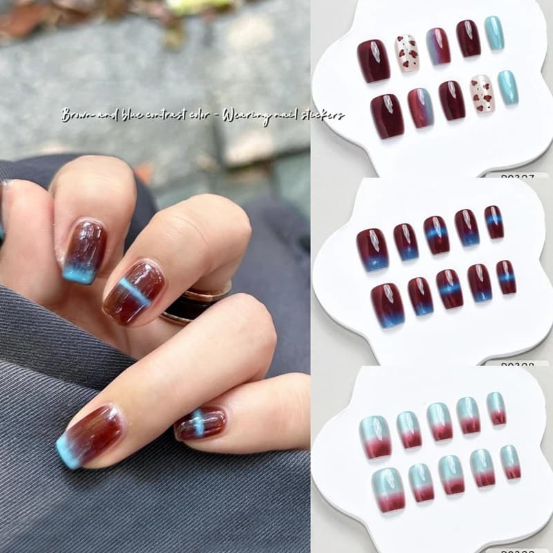 10 pezzi autunno inverno nuovo stile blu marrone contrasto colore nail art adesivo per unghie premere sulle unghie patch per unghie temperamento unghie finte