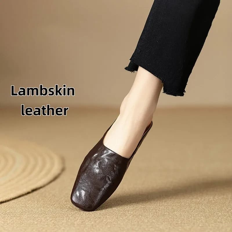 Women's Mules Leather Slippers Square Toe Comfortable Breathable Office Daily Walking Shoes Non-slip TPR Sole