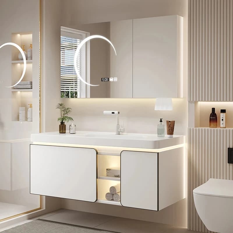 Mobiletti da bagno con divisorio per salone, mobiletto vintage con cassetti, specchi illuminati, lavatrice mobile, mobili