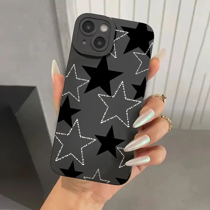 Black White Five-pointed Star Printed Phone Case For iPhone 11 12 13 14 15 Pro Max XS XR X 7 8 Plus Shockproof Soft Bumper Cover
