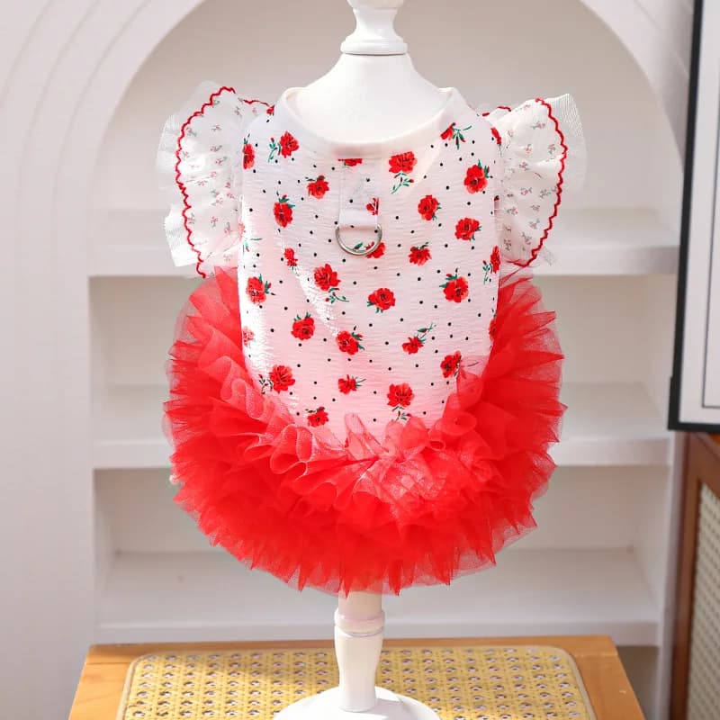 New Floral Lace Cat Dog Dress with Leash, Cute Summer Pet Clothes Bowknot Puppy Frock for Small Dogs