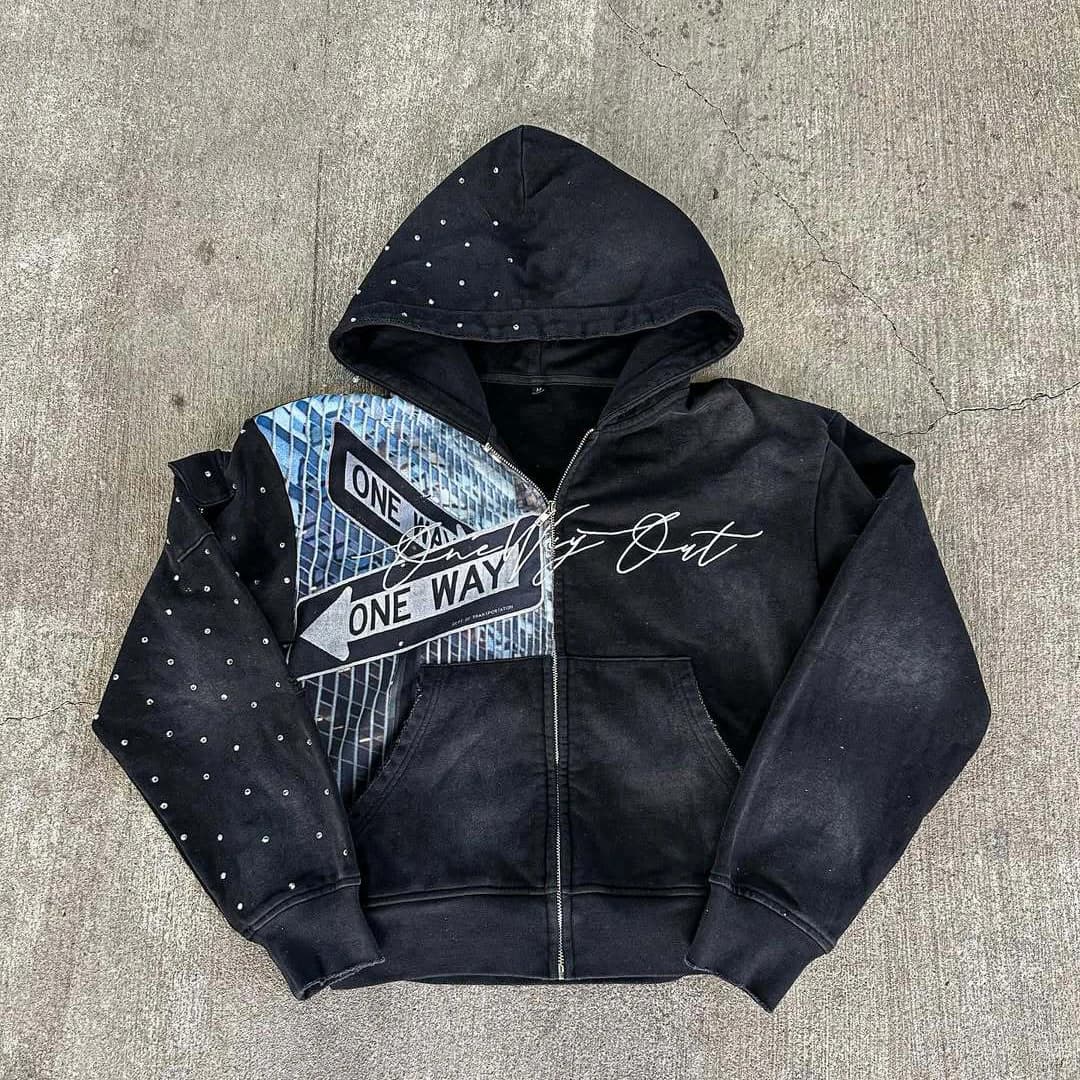 Retro Washed Zipper Hoodie with Street Pattern Print and Rhinestone Y2K Hoodie for Spring and Autumn Streets