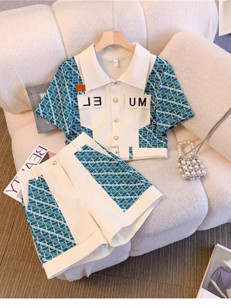 Summer Korean pendulum high waist 2 pieces Set woman new collar Polo matching belt color Top + shorts wide leg elegant dress Casual