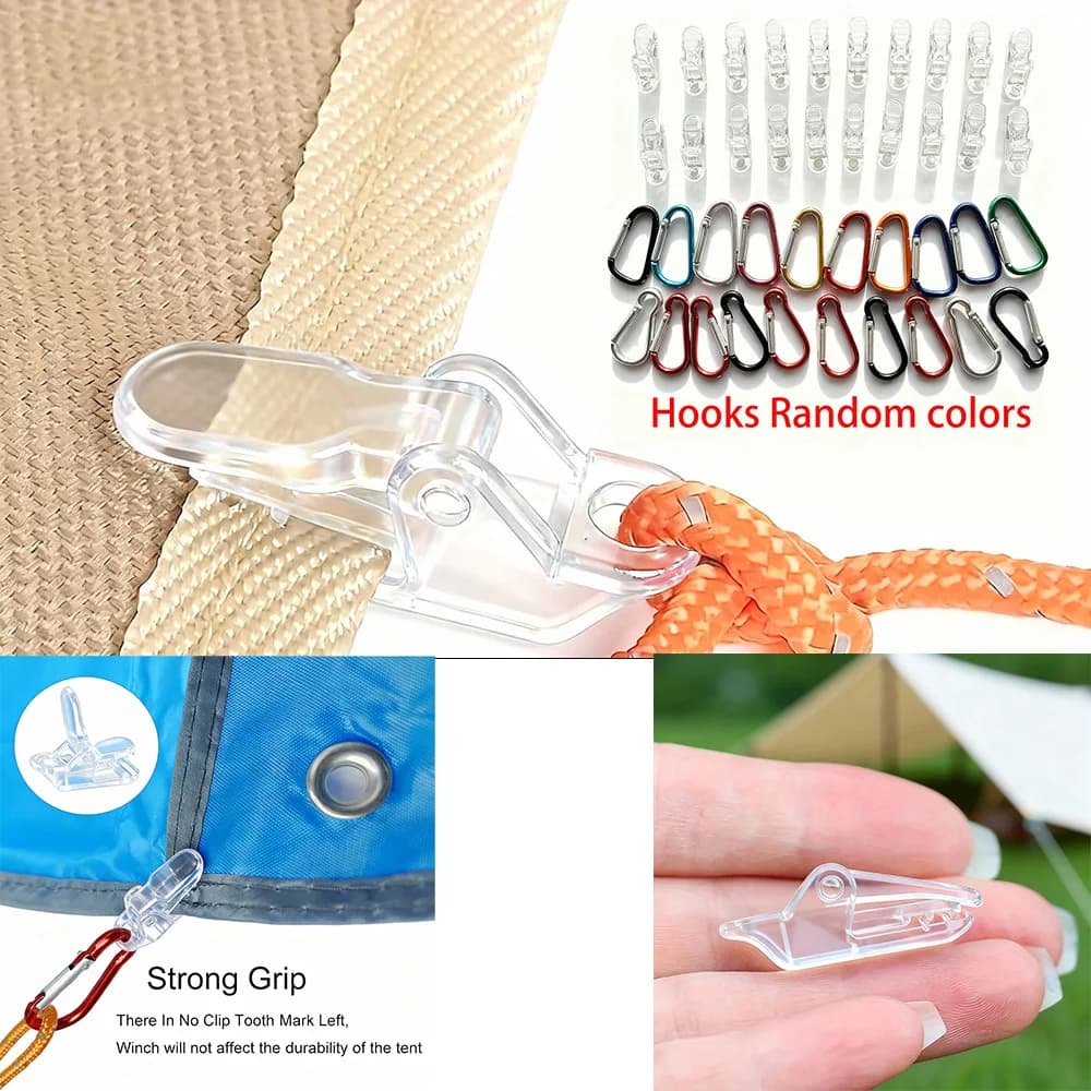 Mounting clip for outdoor curtains, additional anchoring points, crocodile clips, camping curtain hooks, windproof fixing clip for paracord, transparent crocodile clips, 20+10 pumpkin-shaped buckles in assorted colors + 10 D rings, multipurpose clip for curtains, with strong grip, suitable for fixing outdoor camping tents, sunshade, camping essential outdoor and car covers