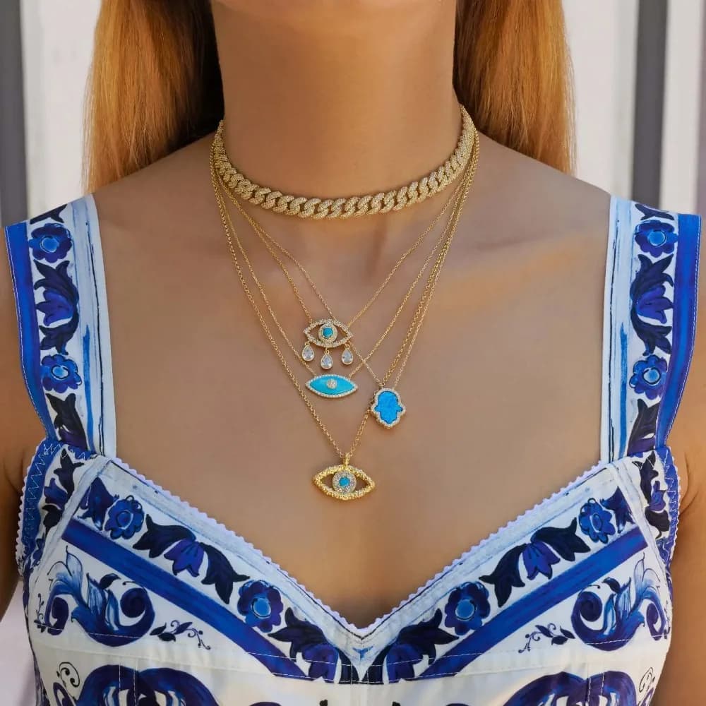 New Goth Turquoise White Opal Evil Eye Pendant Necklace Colour Enamel Shiny Zircon Geometric Choker Natural Stone Turkey Jewelry