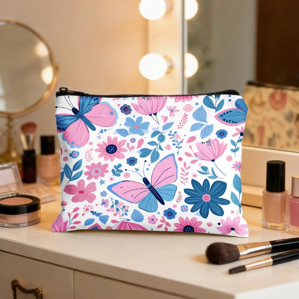 Borse per il Trucco con Stampa a Motivo di Farfalle e Fiori per Ragazze, Astuccio per Cosmetici, Borsa da Toilette, Portamatite, Contenitore da Viaggio