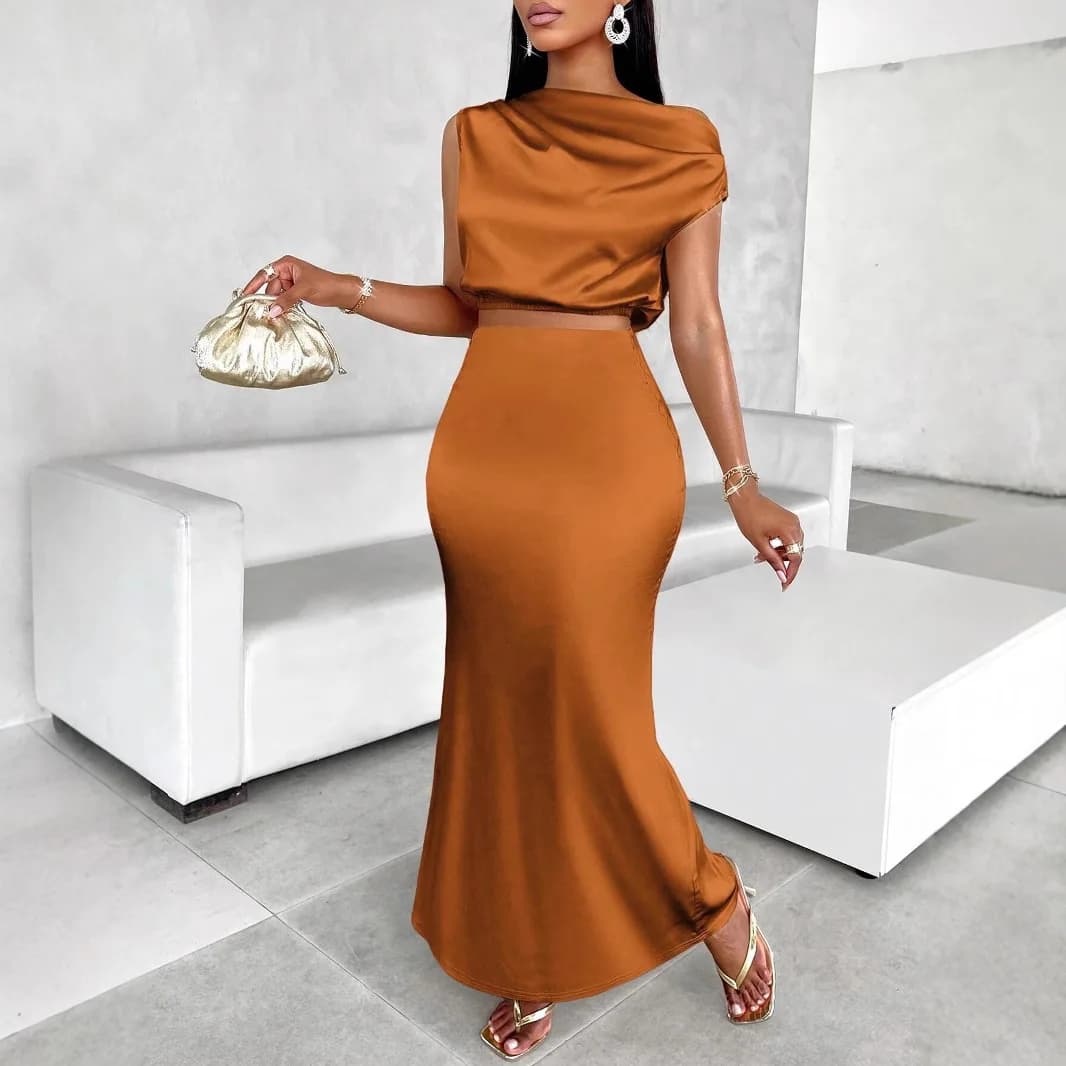 Set da donna eleganti Moda O Collo Top senza maniche Abito in raso + Gonne lunghe a vita alta Set da due pezzi Abiti sexy da festa femminile