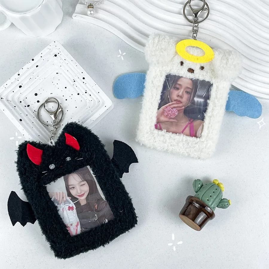Porta Fotocard in Peluche a Forma di Angelo e Diavolo, Espositore per Foto di Idoli Kpop, Ciondolo Porta Carte